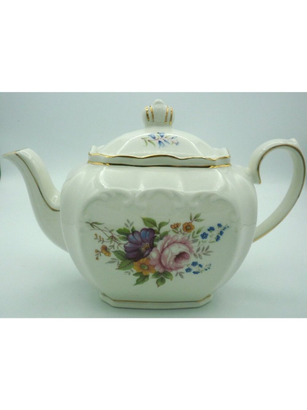 Windsor Porcelain Cube Teapot Hand Painted Floral Gold Gild Marked 2897 England